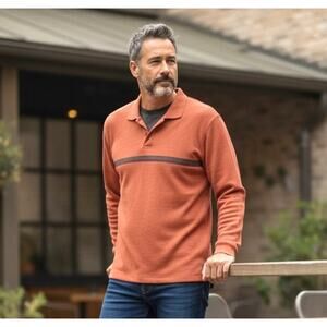 IZOD 🔶Men’s Long Sleeve Polo 👕 Rust Orange Gray Burgundy Stripe L